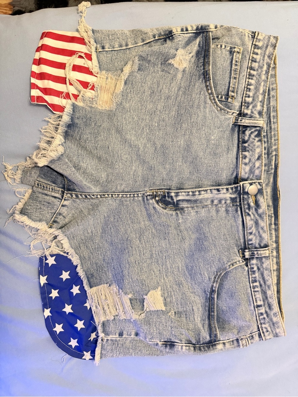 SHEIN Light Blue Distressed Denim Shorts with Red & Blue Flag Accents SIZE XL